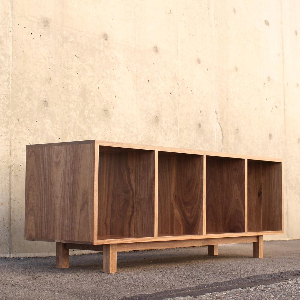 Warner Foyer Bench / LP Vinyl Storage, Modern Entry Storage, Mid Century Inspired, Record Bench (Shown in Walnut)