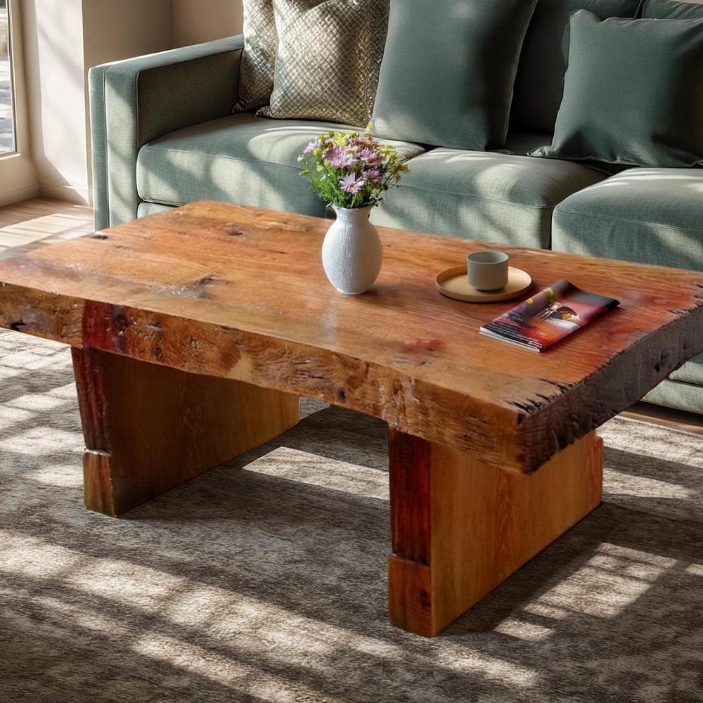 Wooden Rustic handmade wooden coffee table live edge solid wood trestle farmhouse home decor furniture handcrafted rectangular end table - Image 2