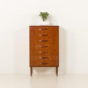 Rare mid century vintage teak chest of drawers with sculptural handles, Denmark, 1960s