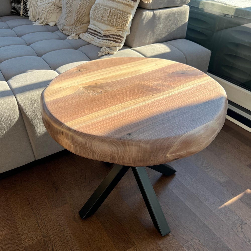 Solid Walnut Coffee Table with Metal Legs, Small Round Coffee Table, Wooden Side or End Table, Sofa, Couch, Indoor or Outside Table
