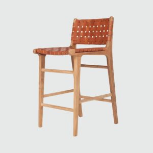 Woven Leather Counter Stool Tan – Handmade Bar Stool with Back, Teak Wood Frame, Rustic Farmhouse Kitchen Island Chair, Bar Chair