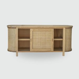 Boho Rattan Sideboard Cabinet – Handmade Sungkai Wood Storage Console – Natural Buffet Table for Living Room, Dining Room or Entryway