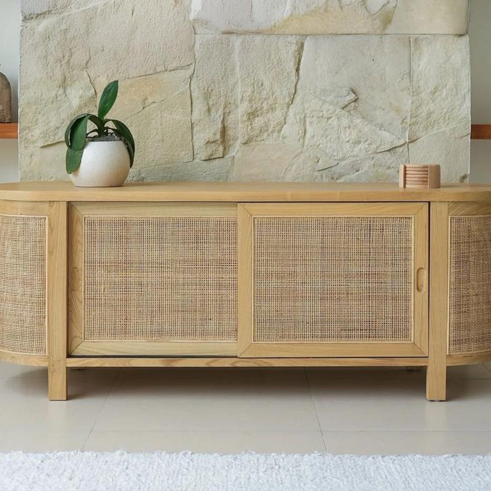Handmade Boho Rattan TV Cabinet – Wood Storage Console Buffet for Living Room, Dining Room, or Entryway – Natural Home Decor