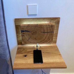 il_1000x1000.6868813539_9hoe.jpg Solid Oak Floating Nightstand, Unique Small Bedside Shelf, Built-In Slim Bedside Table With Backlight, Wall Mount, Rustic