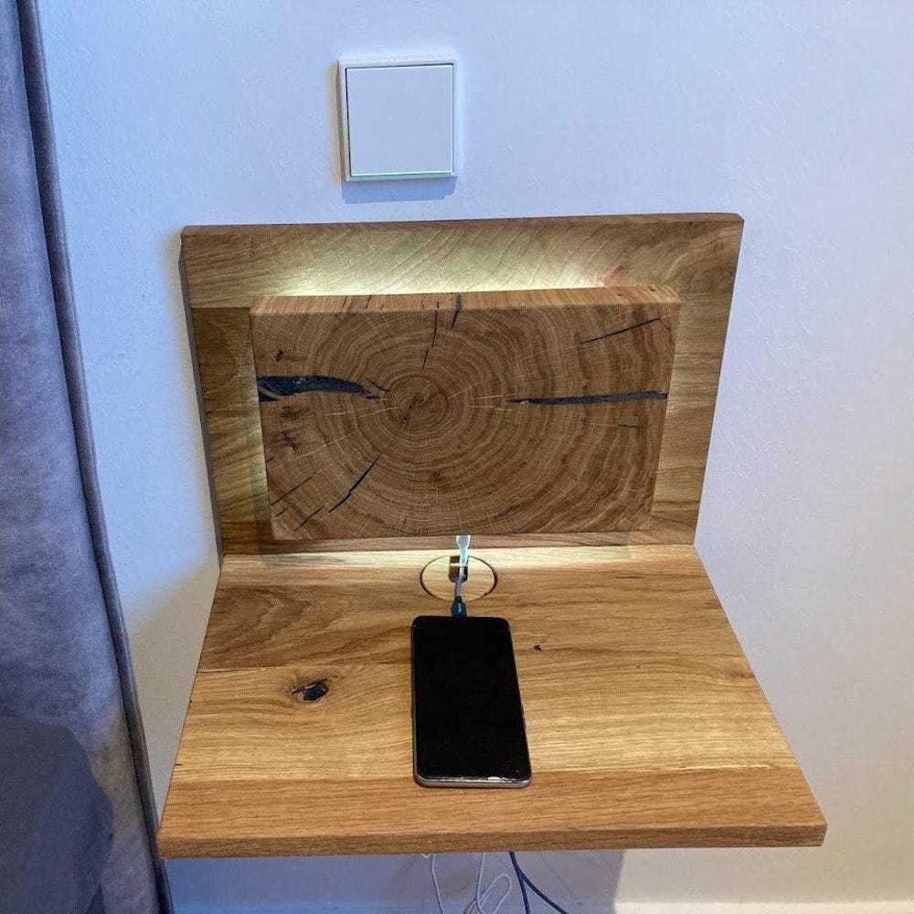 Solid Oak Floating Nightstand, Unique Small Bedside Shelf, Built-In Slim Bedside Table With Backlight, Wall Mount, Rustic