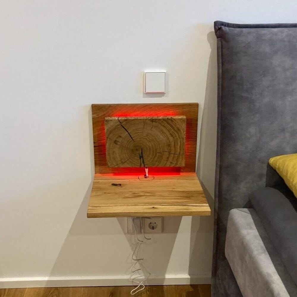 Solid Oak Floating Nightstand, Unique Small Bedside Shelf, Built-In Slim Bedside Table With Backlight, Wall Mount, Rustic - Image 3